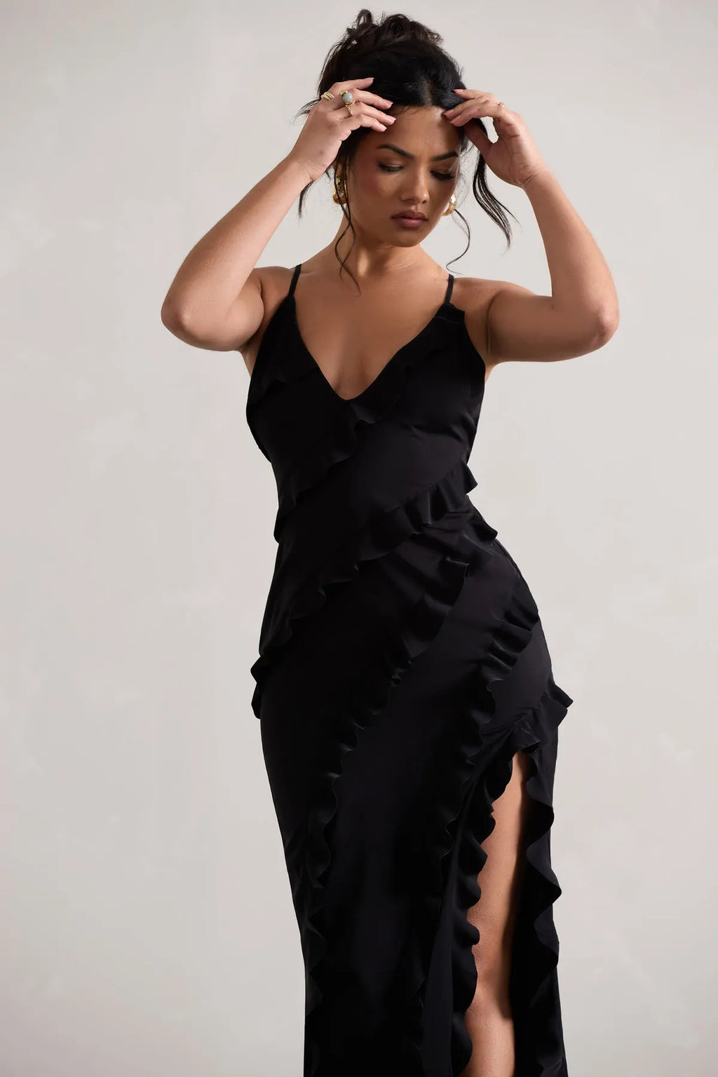 Seraphina Ruffle Split Maxi Dress - Black