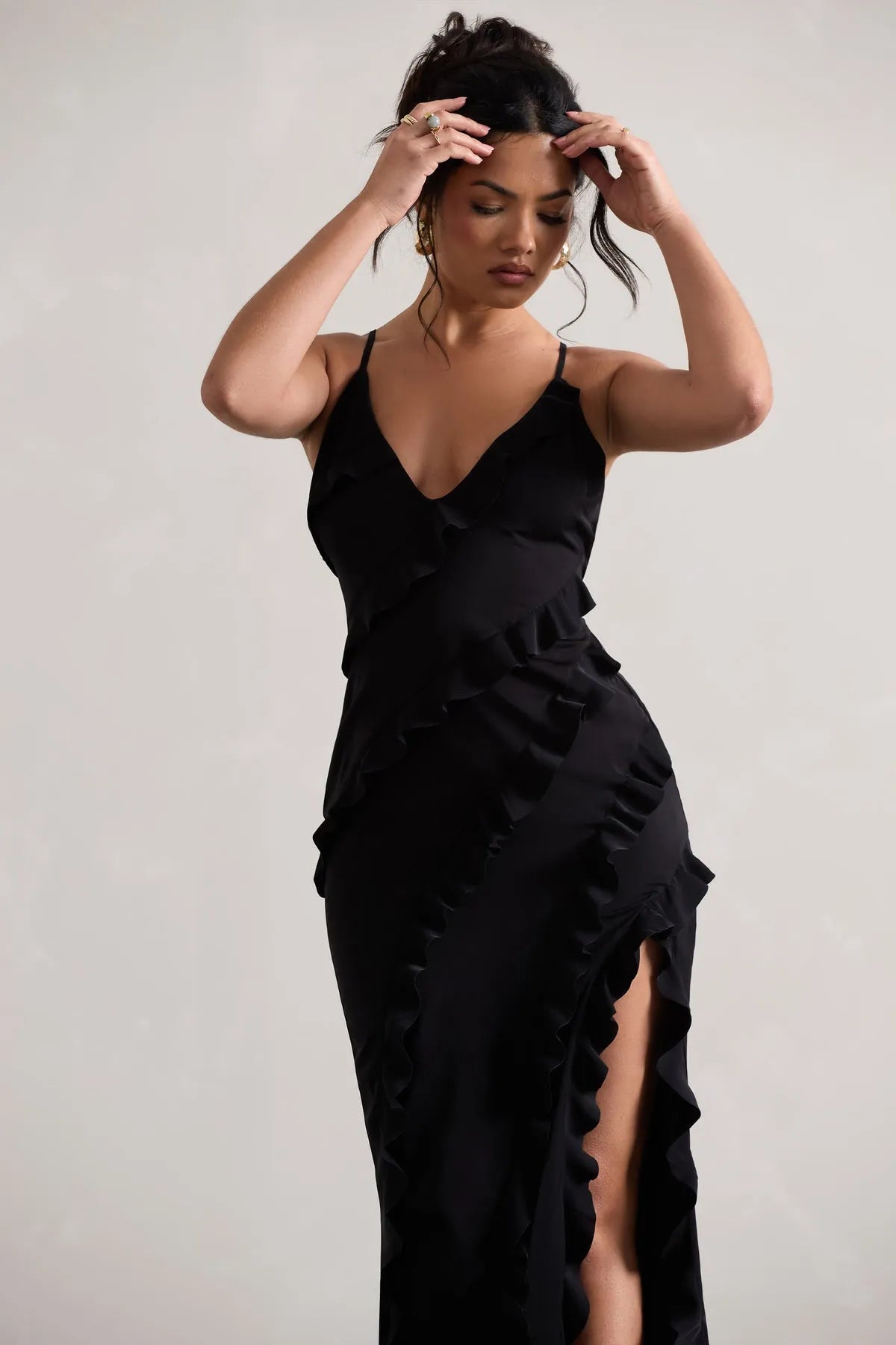 Seraphina Ruffle Split Maxi Dress - Black