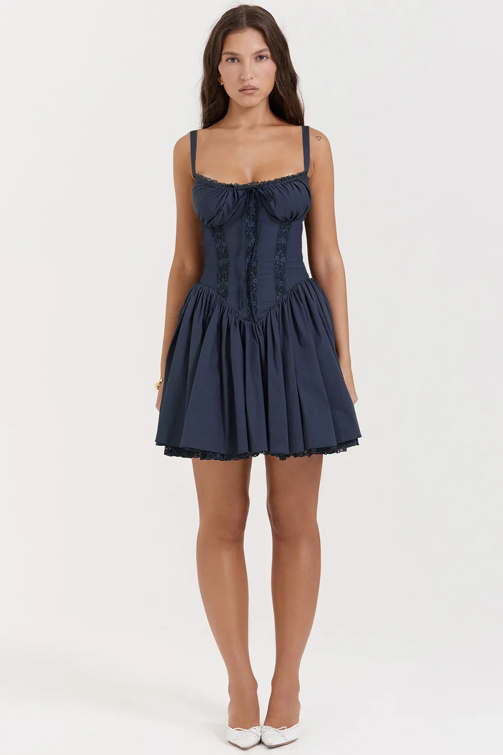 Romance Lace Trim Mini Dress - Navy Blue