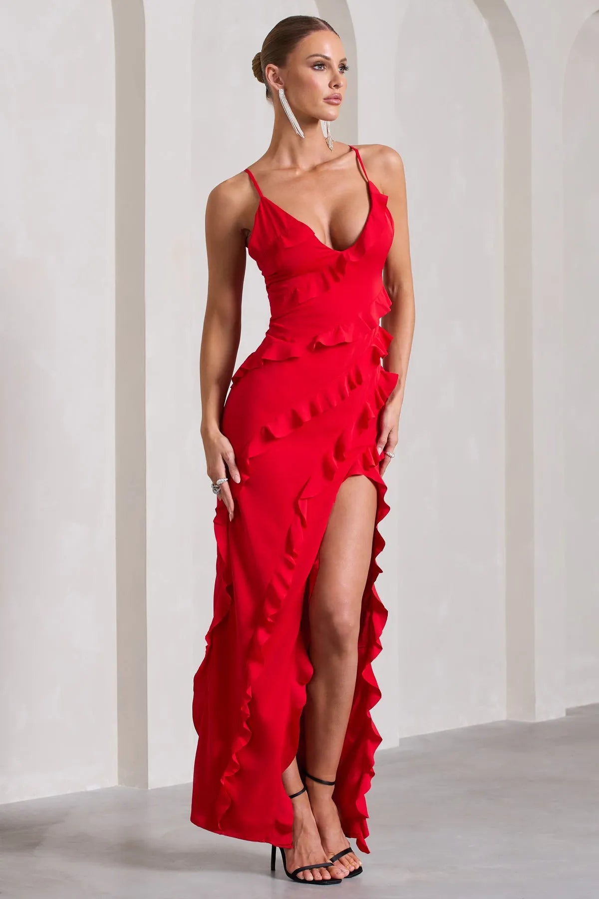 Seraphina Ruffle Split Maxi Dress - Red