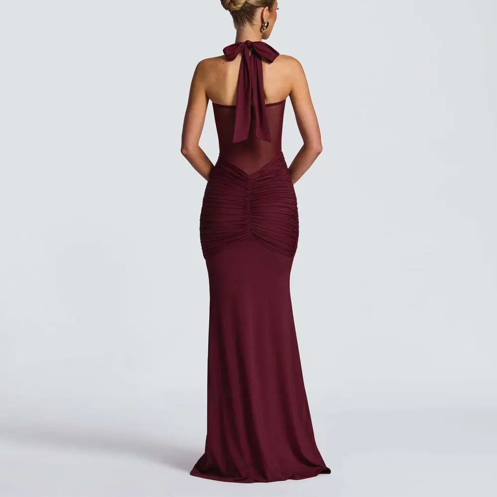 Golden Glow Ruched Maxi Dress - Burgundy