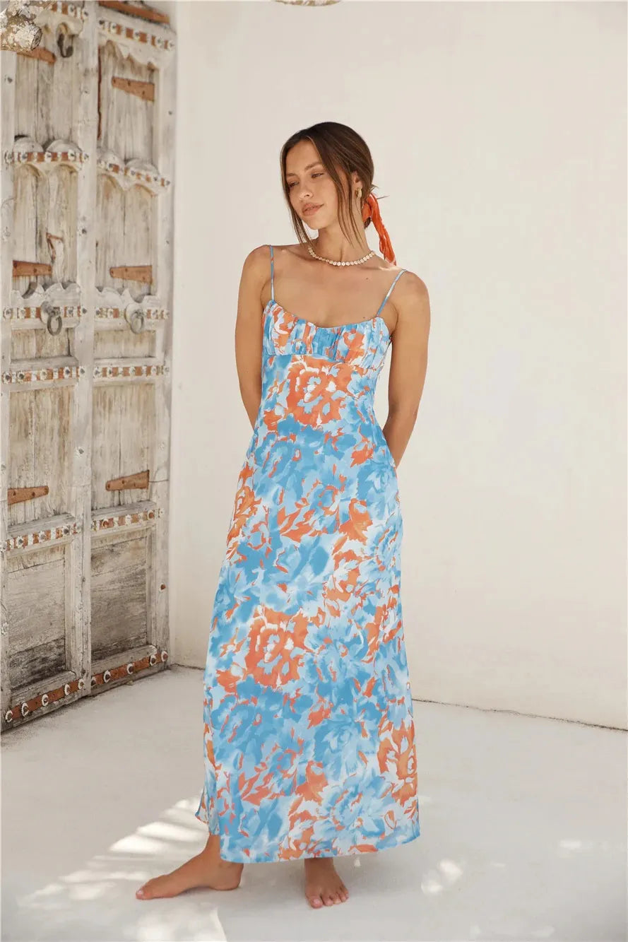 Santorini Bloom Printed Midi Dress - Sky Blue Floral