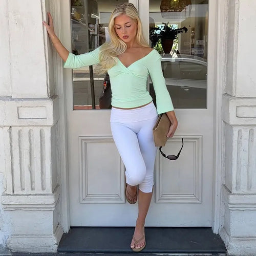 Chic Ruched V-Neck Slim Fit Top T-Shirt - Green