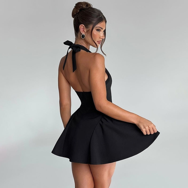 Midnight Muse Deep V Halter Mini Dress