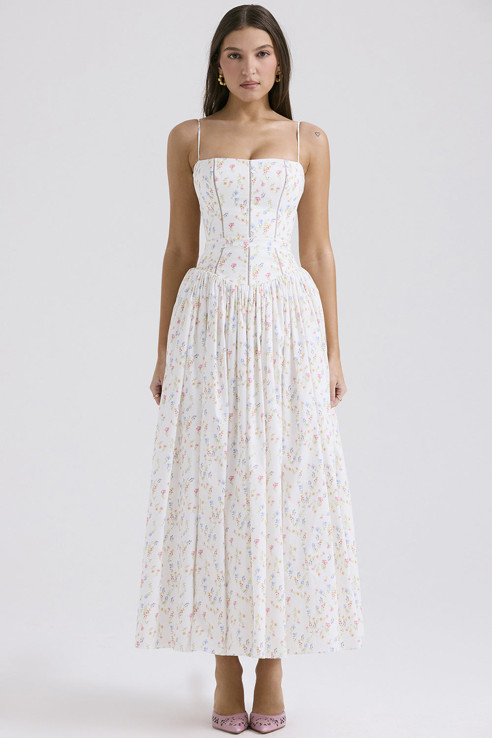 Celeste Corset Midi Dress - White Print