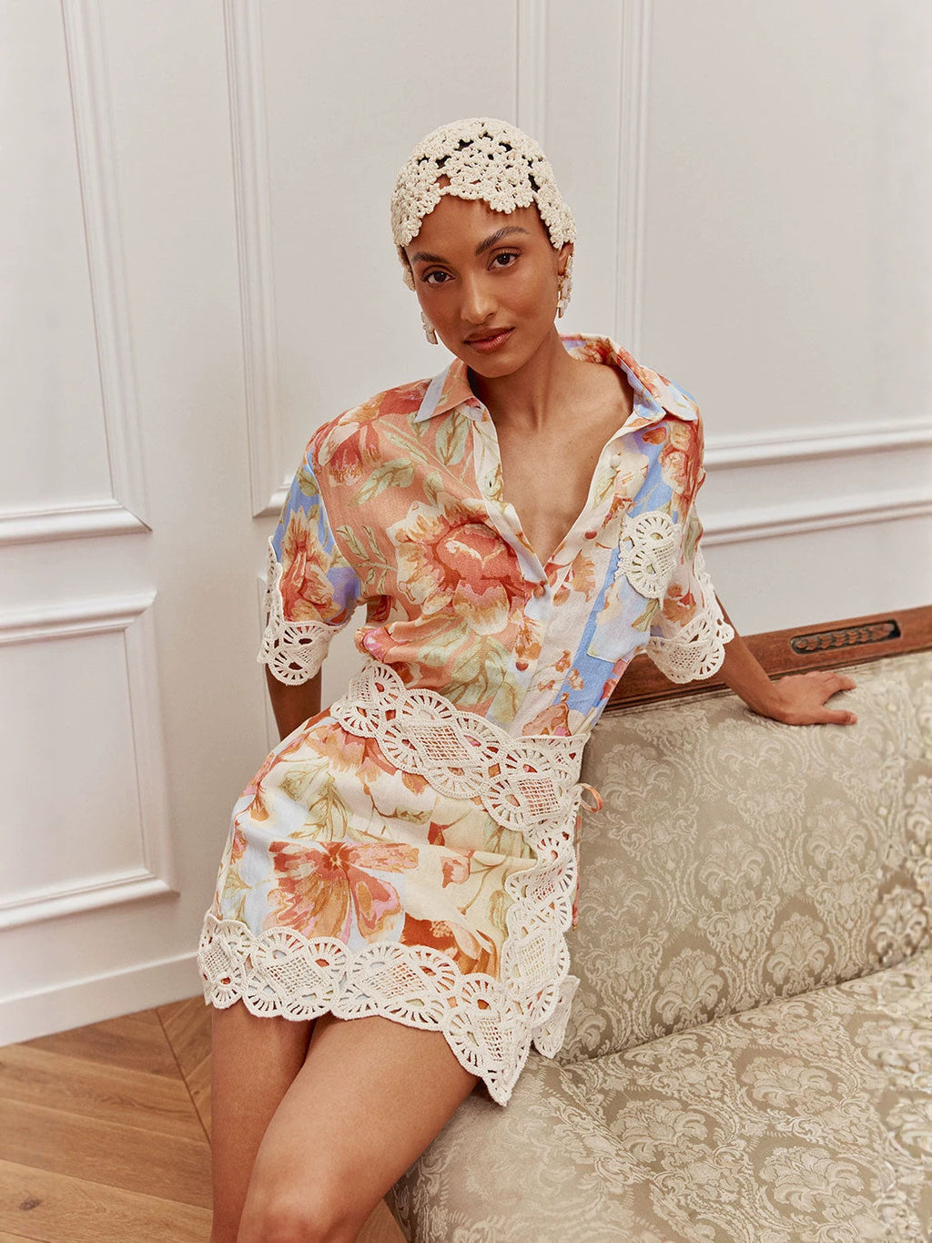 Sunset Bloom Crochet Mini Dress