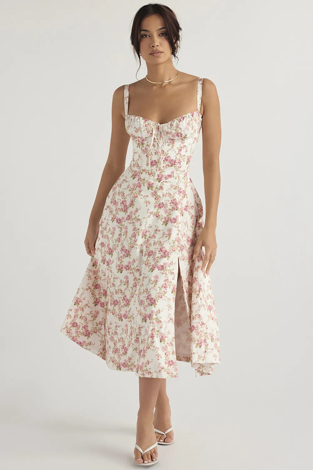 Everly Sweetheart Corset Midi Dress - Red flower