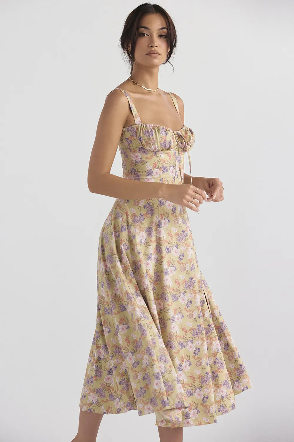 Everly Sweetheart Corset Midi Dress - Purple and white flowers on yellow background