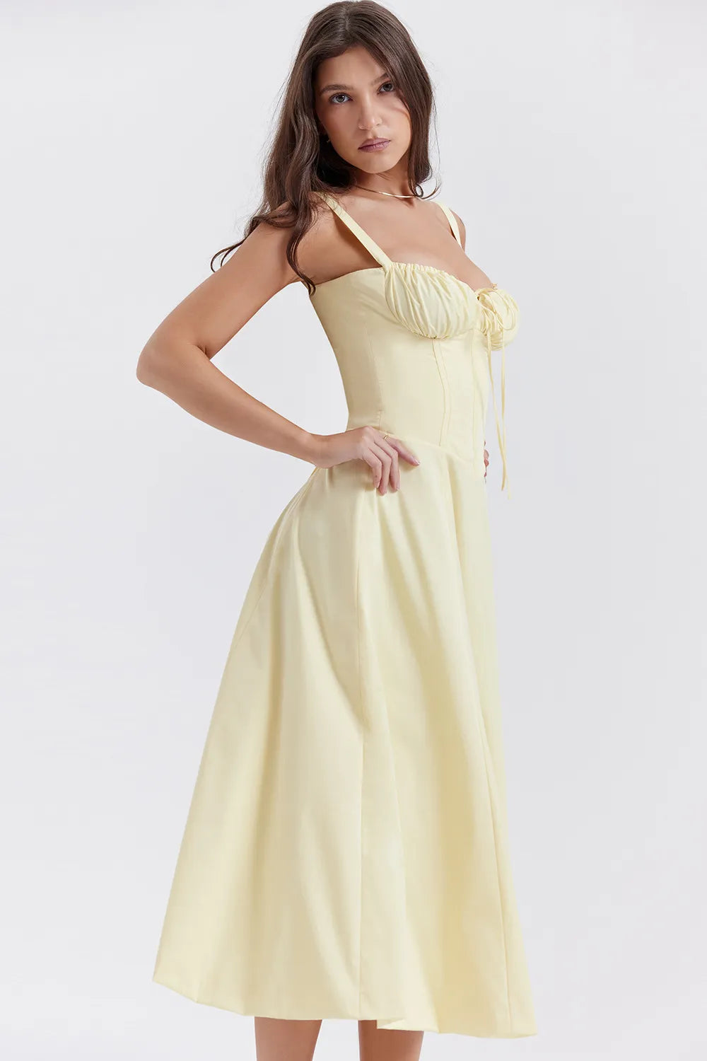 Everly Sweetheart Corset Midi Dress - Light yellow flower