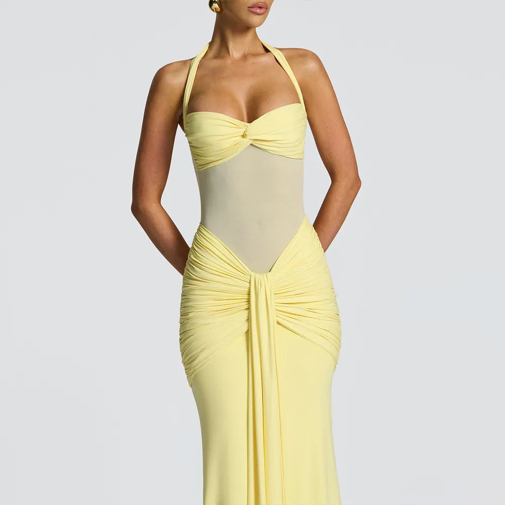 Golden Glow Ruched Maxi Dress - Yellow