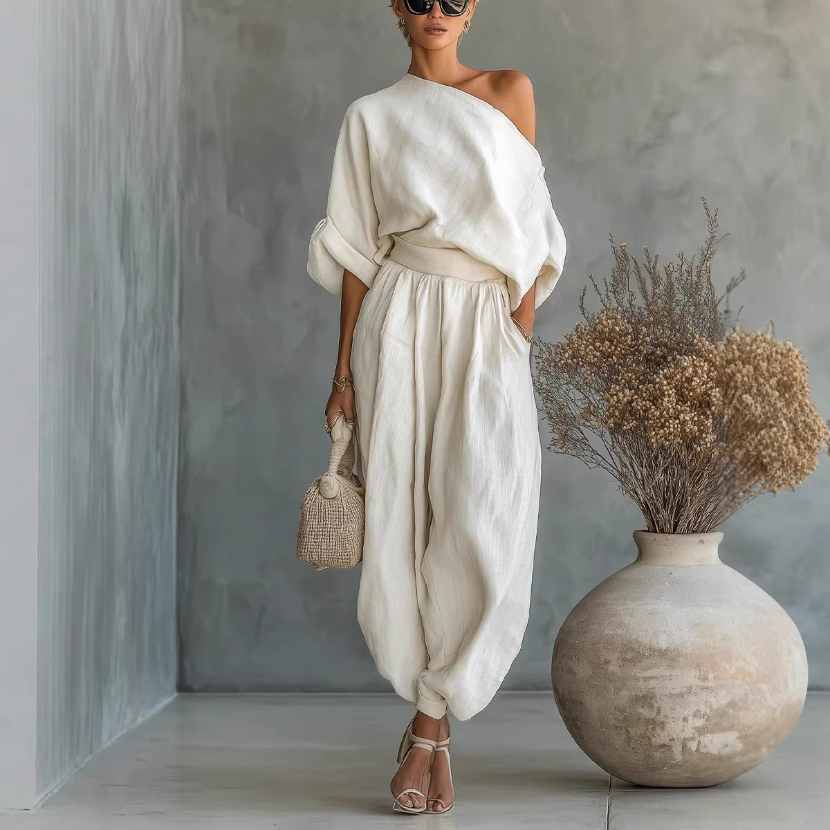 Luna One-Shoulder Linen Blend Lounge Set