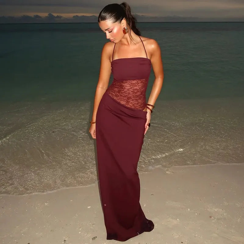 Celeste Lace Panel Maxi Dress - Burgundy