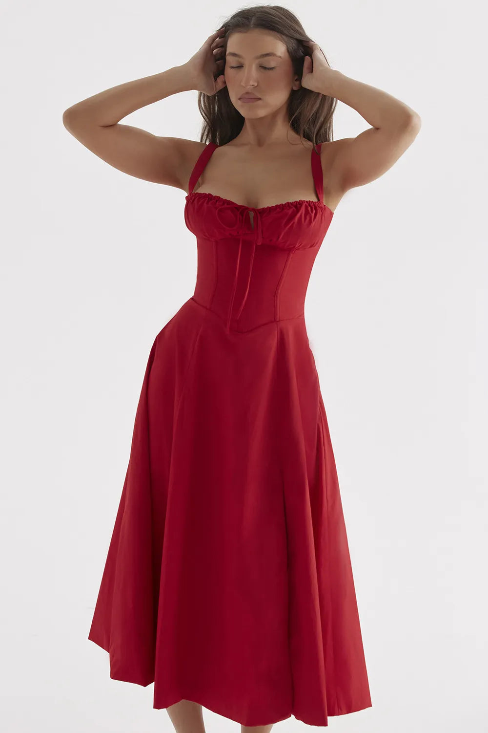 Everly Sweetheart Corset Midi Dress - Bright red