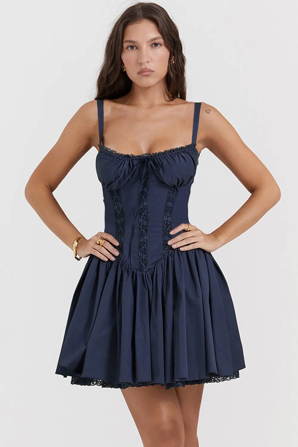 Romance Lace Trim Mini Dress - Navy Blue