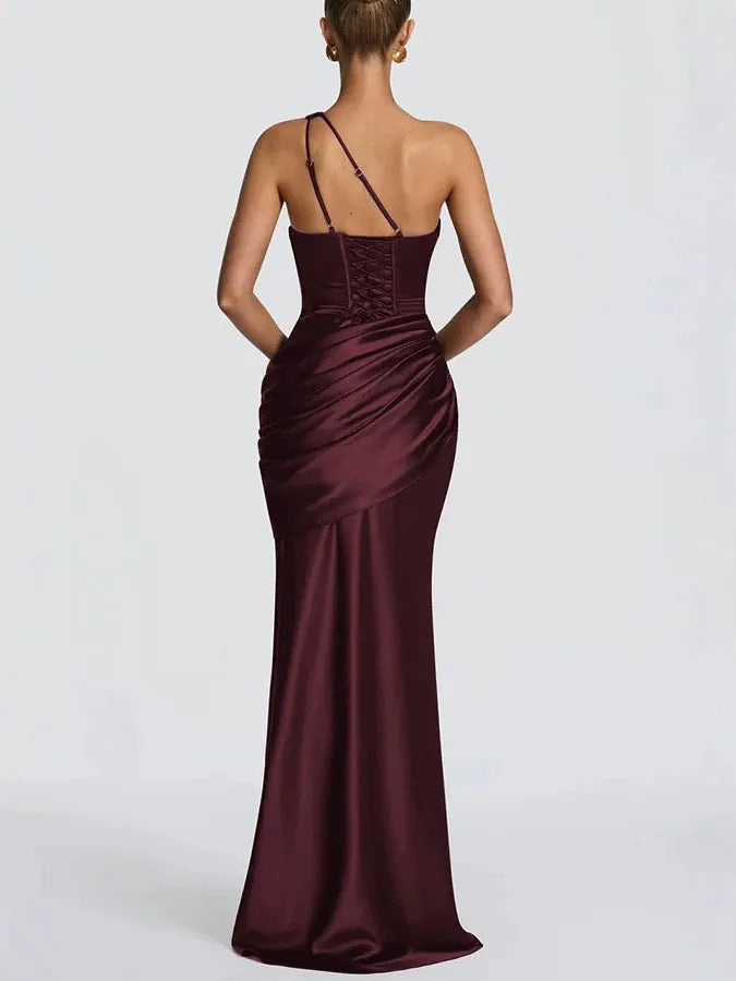 Satin One-Shoulder Fishtail Dress - Wine Red