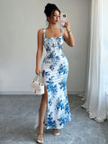 Azure Bloom Ruched Maxi Dress - Sky Blue Floral