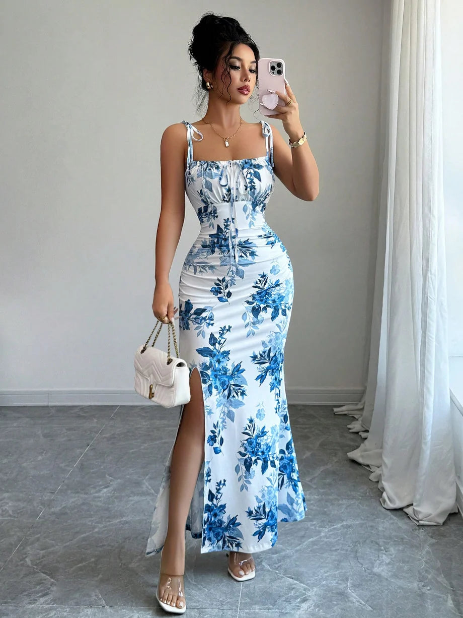 Azure Bloom Ruched Maxi Dress - Sky Blue Floral