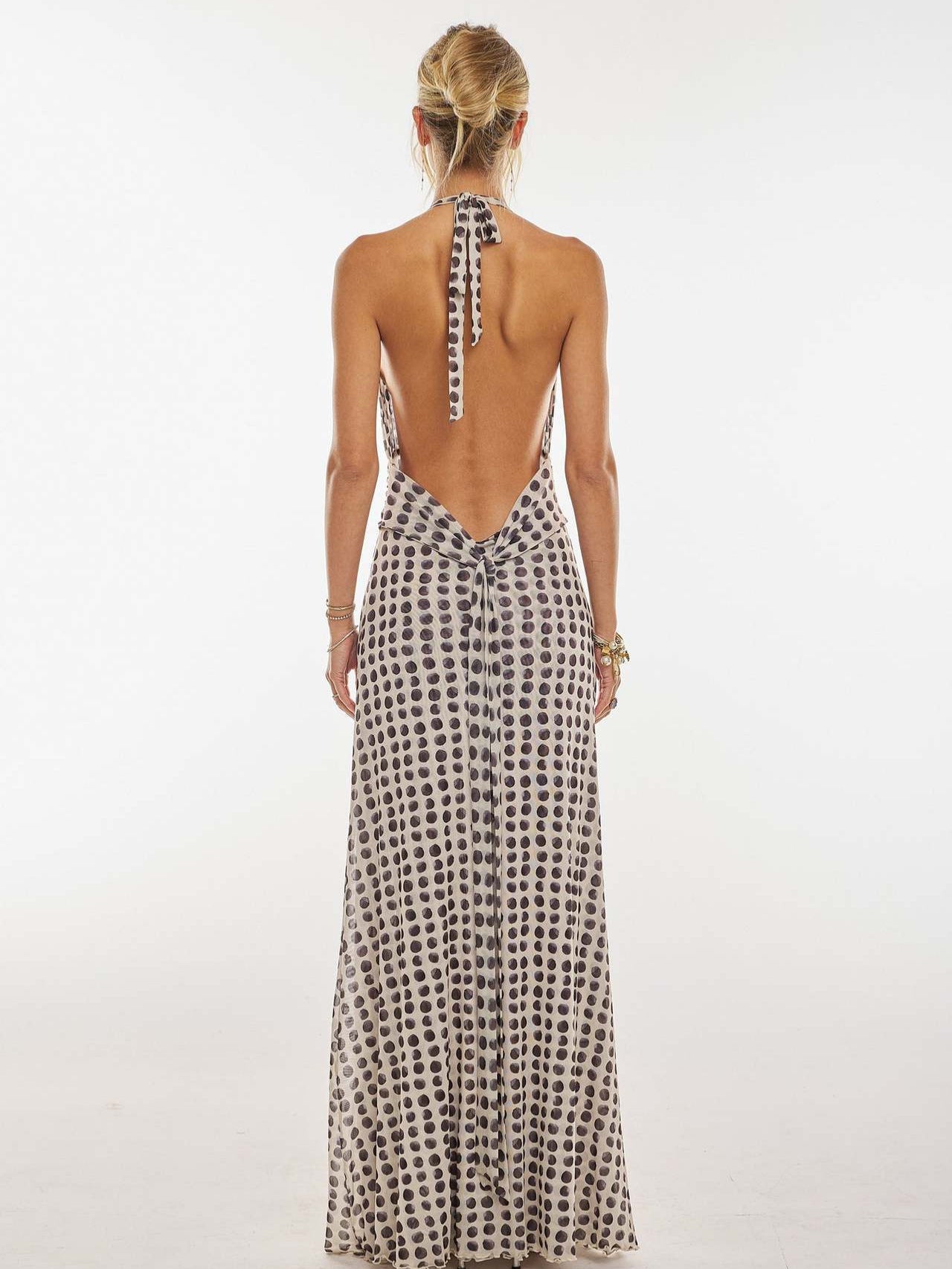 Monroe Polka Dot Plunge Halter Maxi Dress