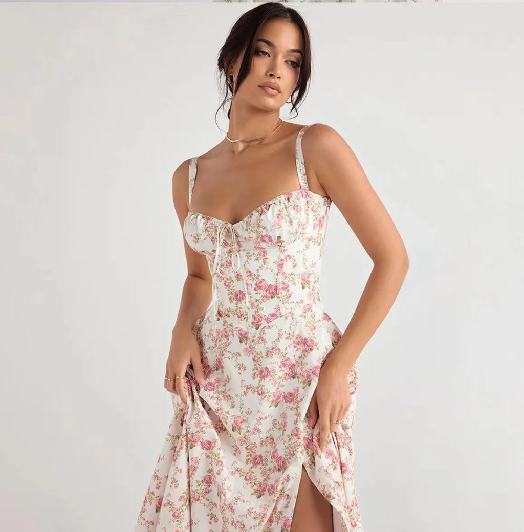 Rosalie Floral Corset Midi Dress - Ivory Pink