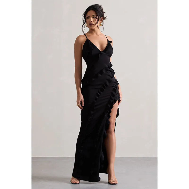 Seraphina Ruffle Split Maxi Dress - Black