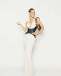 Celeste Contrast Halter Maxi Dress - White & Denim Elegance