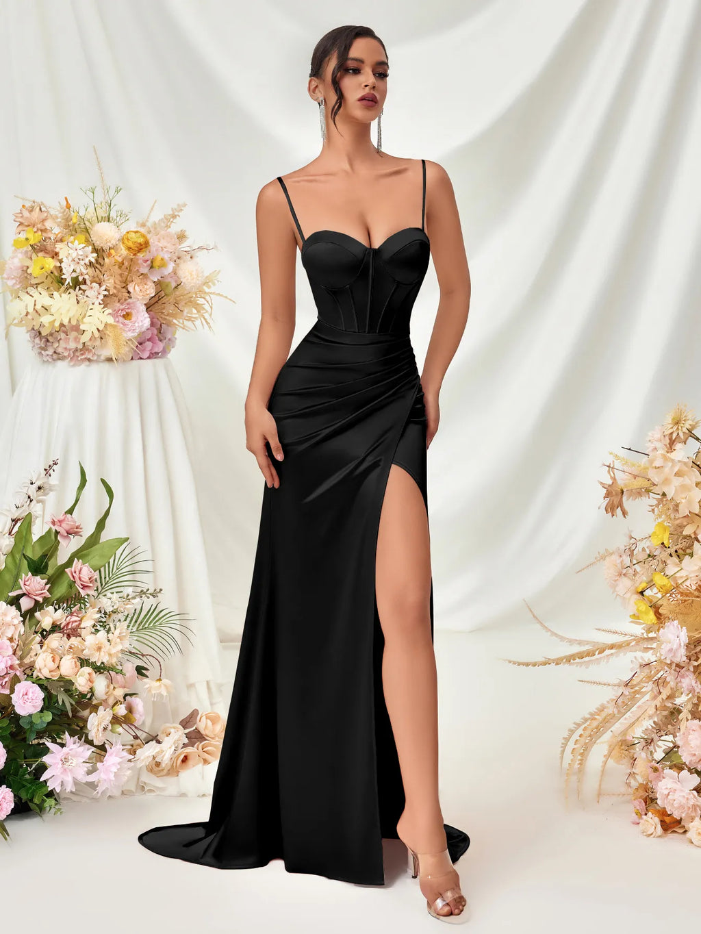 Valentina Satin Corset Maxi Dress with Thigh Split - Black