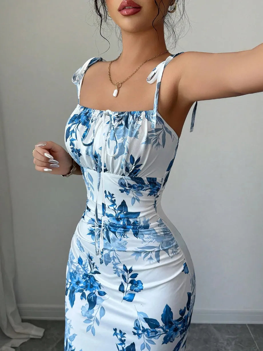 Azure Bloom Ruched Maxi Dress - Sky Blue Floral