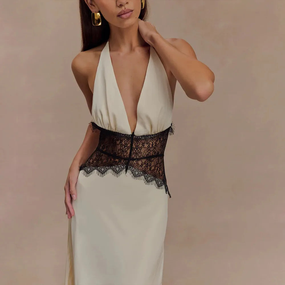 Evelyn Lace Panel Halter Satin Maxi Dress