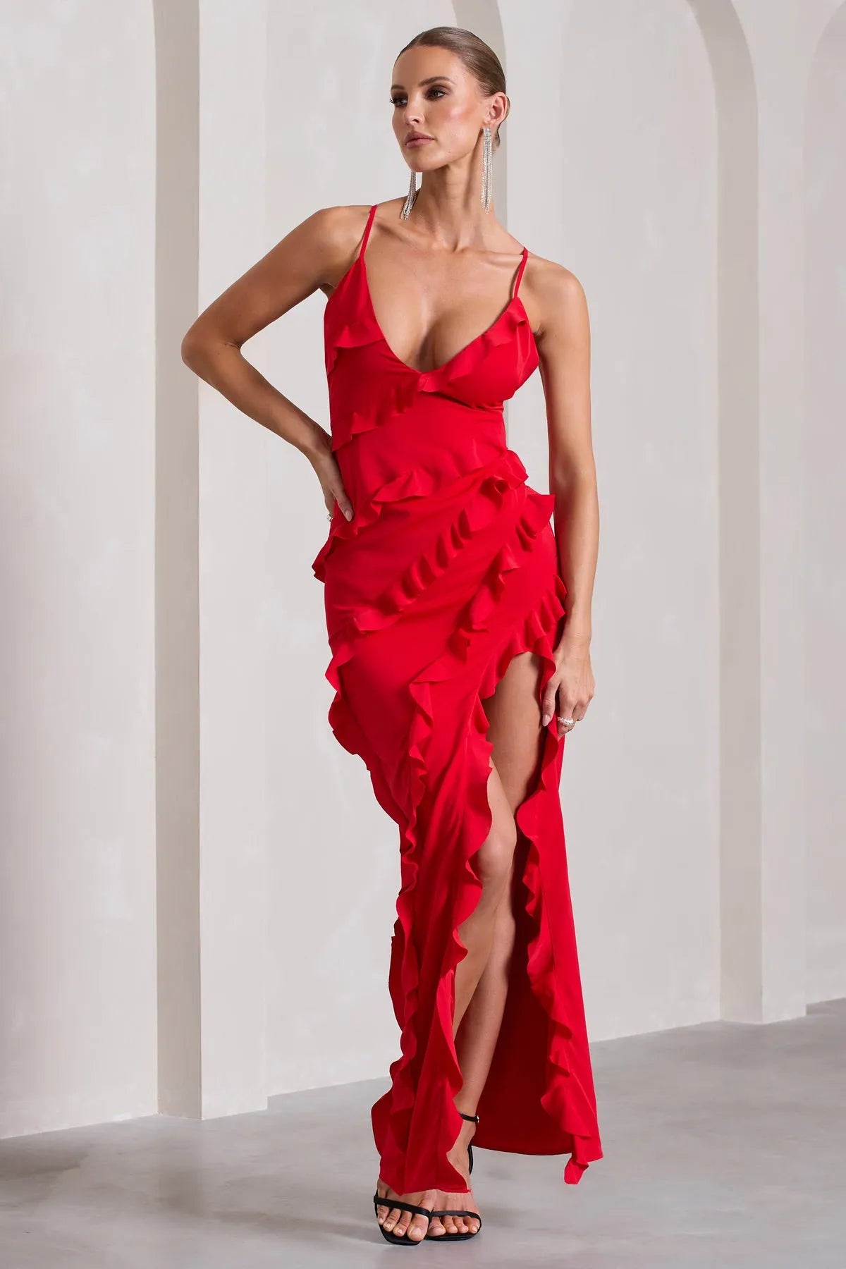 Seraphina Ruffle Split Maxi Dress - Red