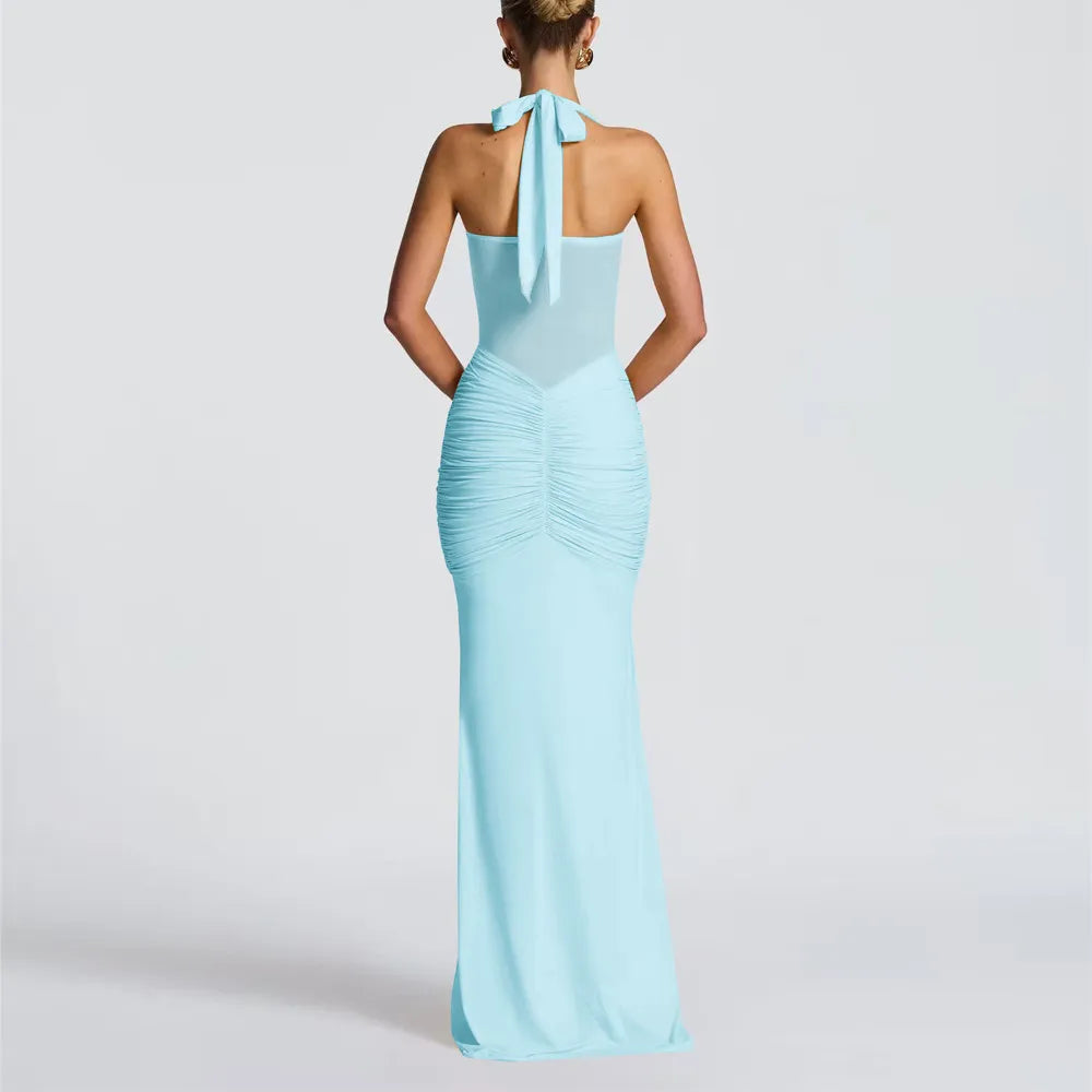 Golden Glow Ruched Maxi Dress - Light Blue