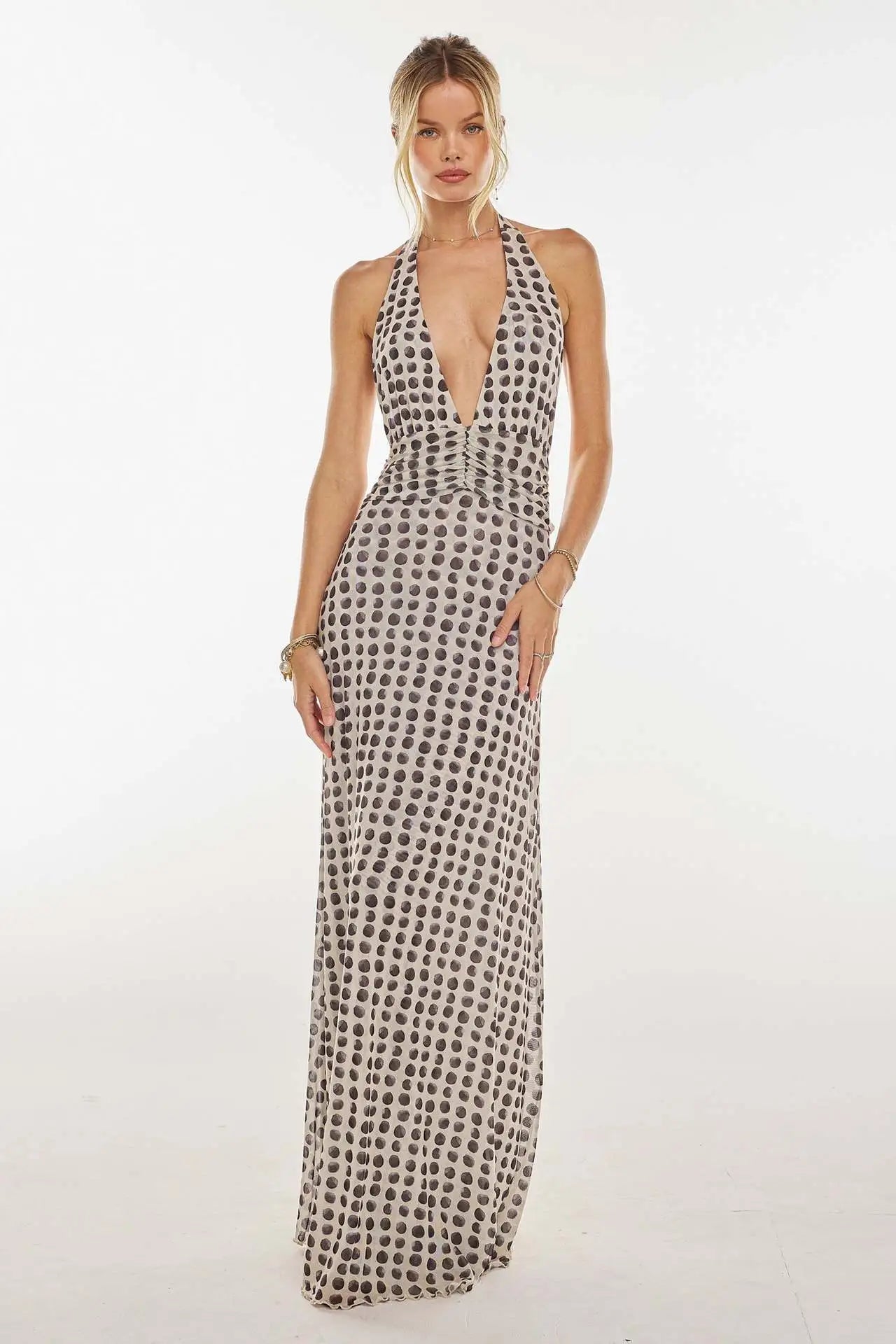 Monroe Polka Dot Plunge Halter Maxi Dress