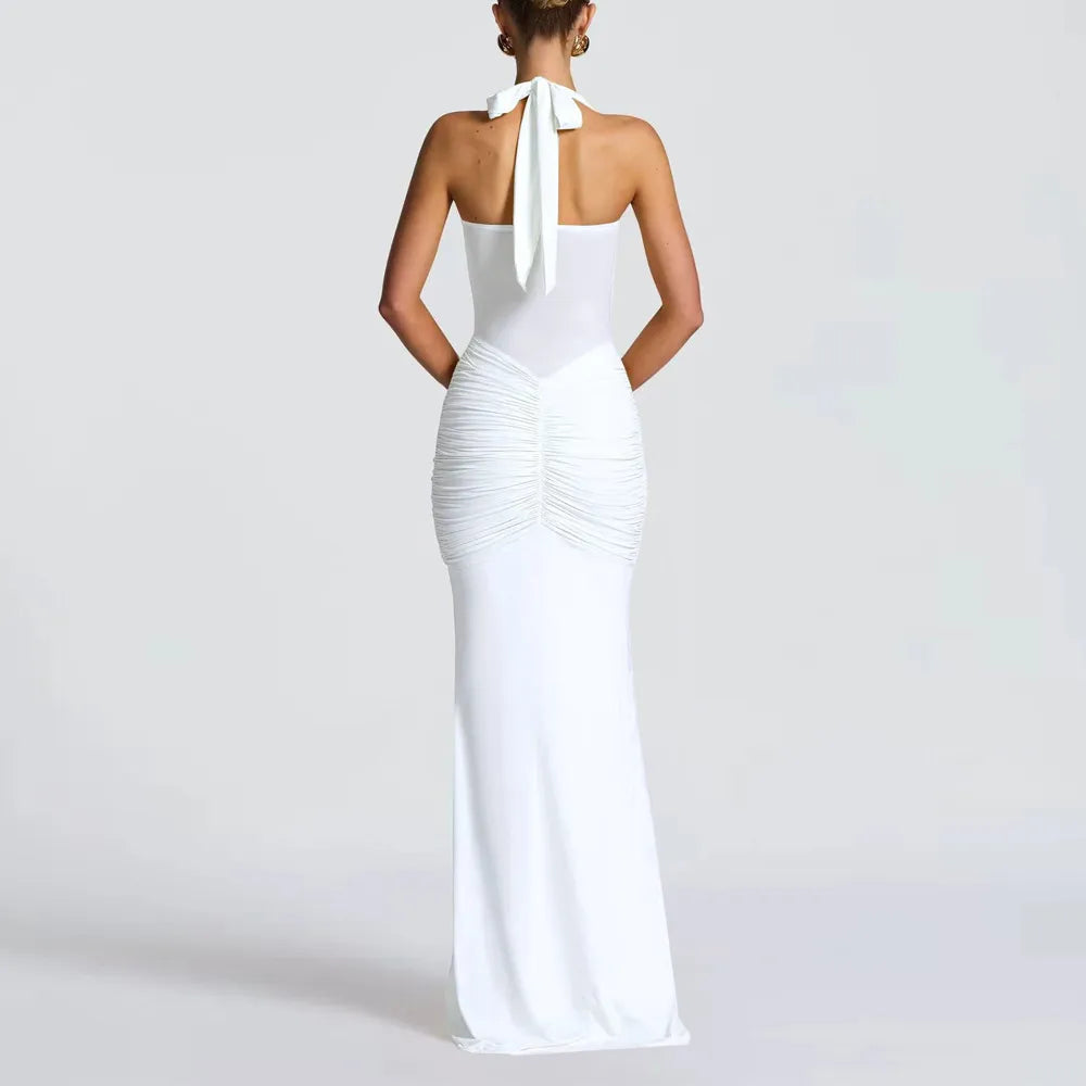 Golden Glow Ruched Maxi Dress - White