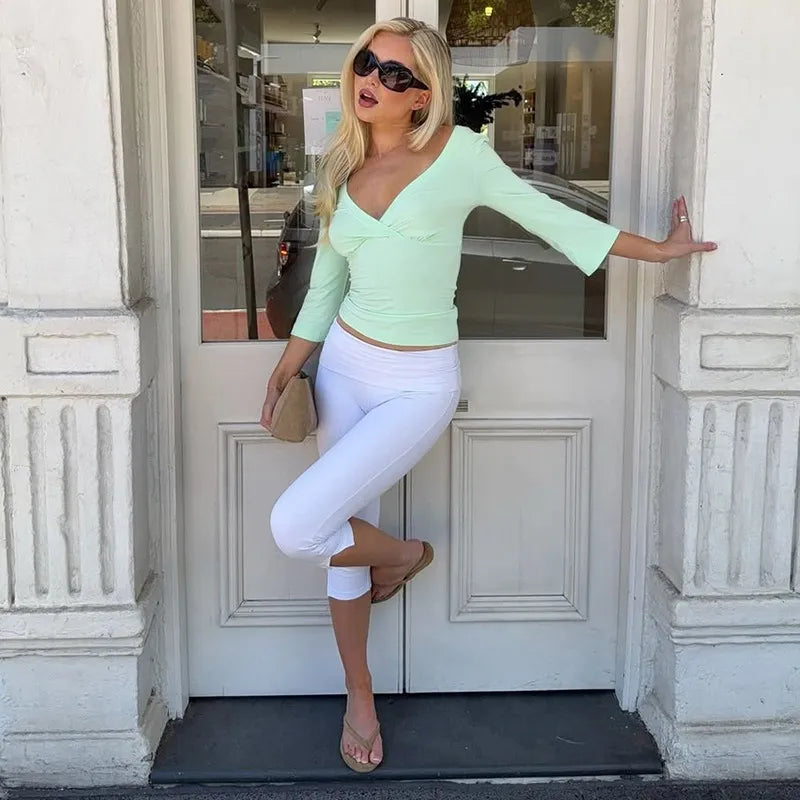 Chic Ruched V-Neck Slim Fit Top T-Shirt - Green