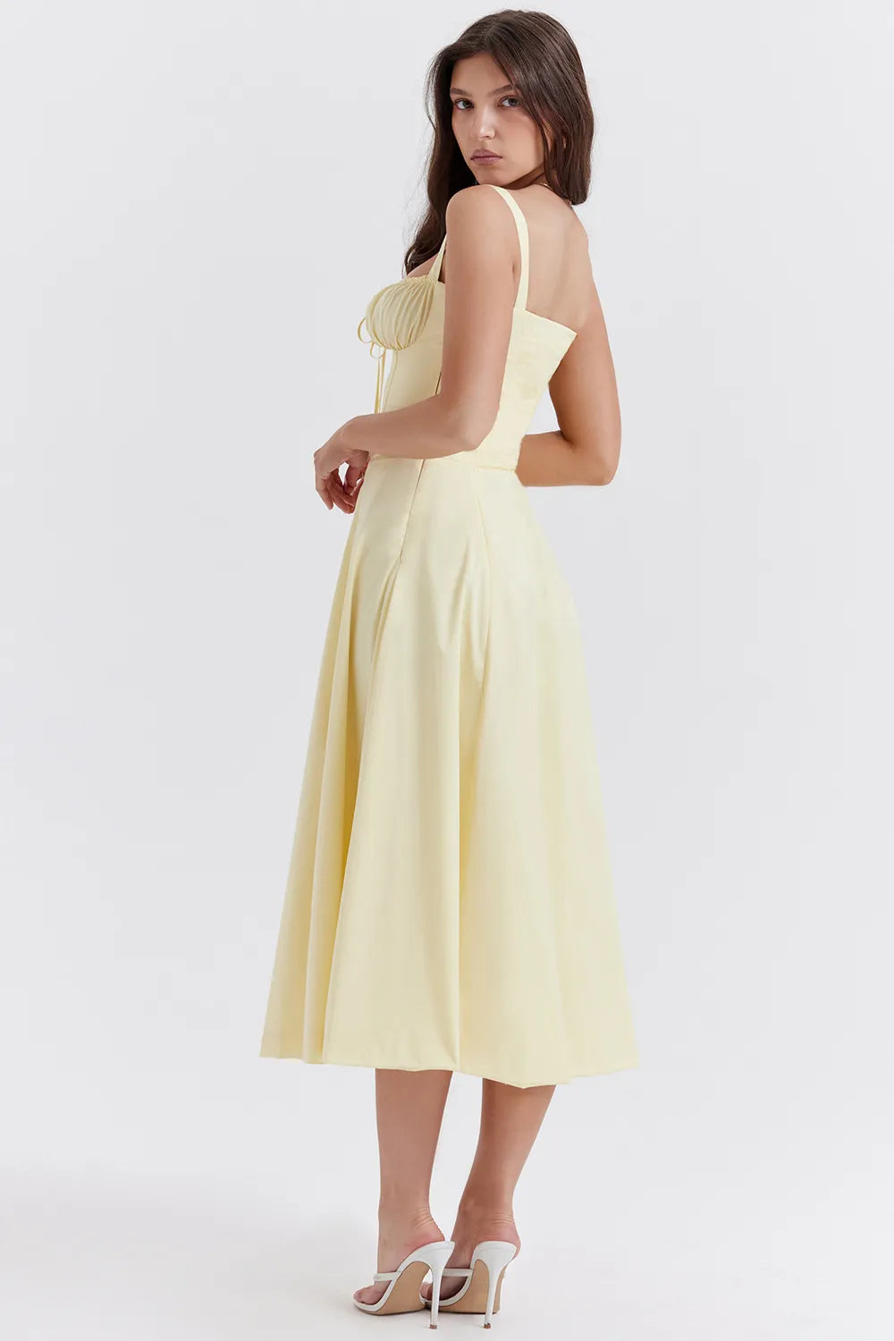 Everly Sweetheart Corset Midi Dress - Light yellow flower