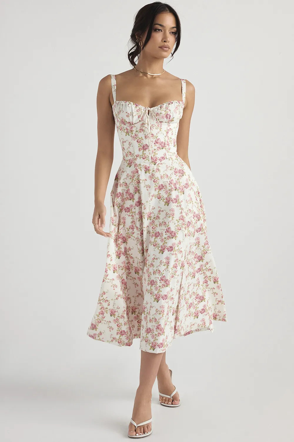 Everly Sweetheart Corset Midi Dress - Red flower