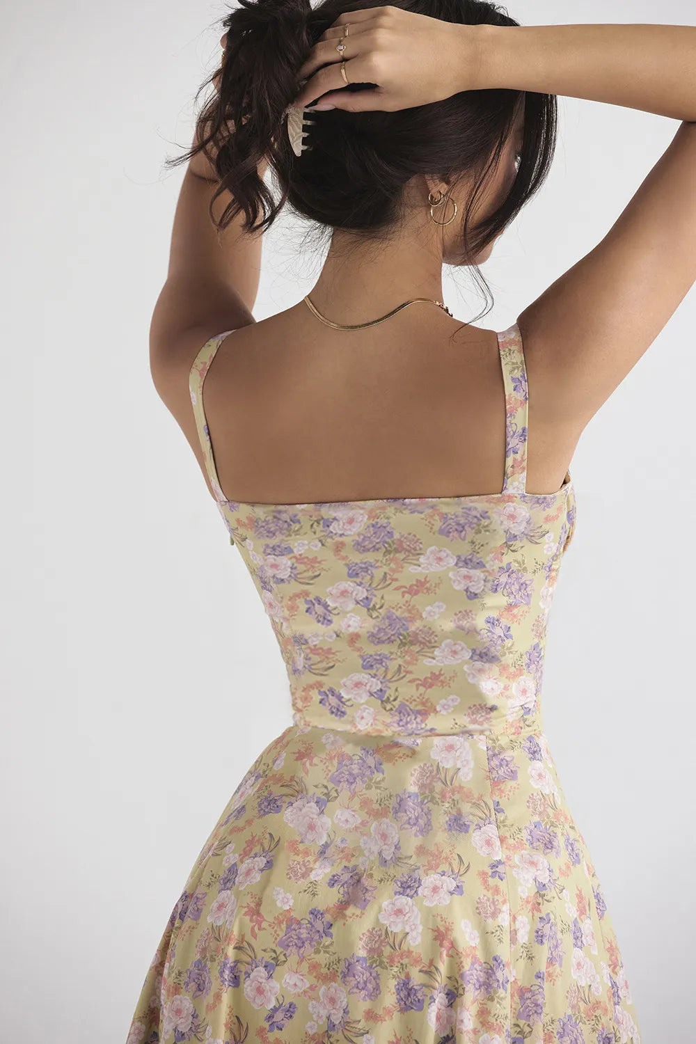 Everly Sweetheart Corset Midi Dress - Purple and white flowers on yellow background