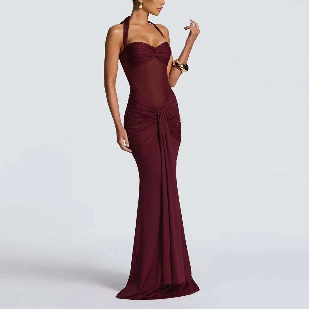Golden Glow Ruched Maxi Dress - Burgundy