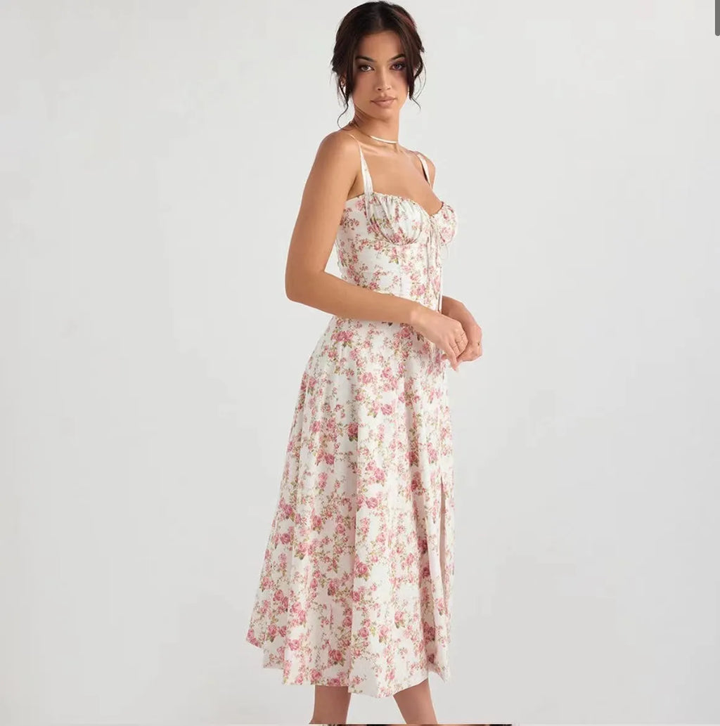 Rosalie Floral Corset Midi Dress - Ivory Pink