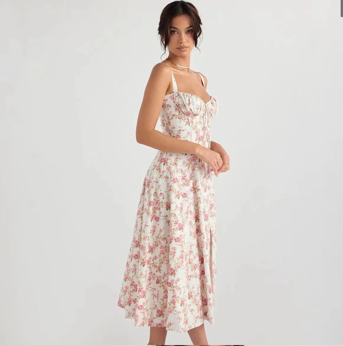 Rosalie Floral Corset Midi Dress - Ivory Pink