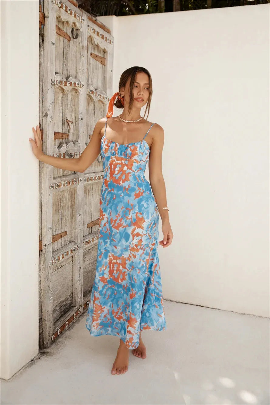 Santorini Bloom Printed Midi Dress - Sky Blue Floral