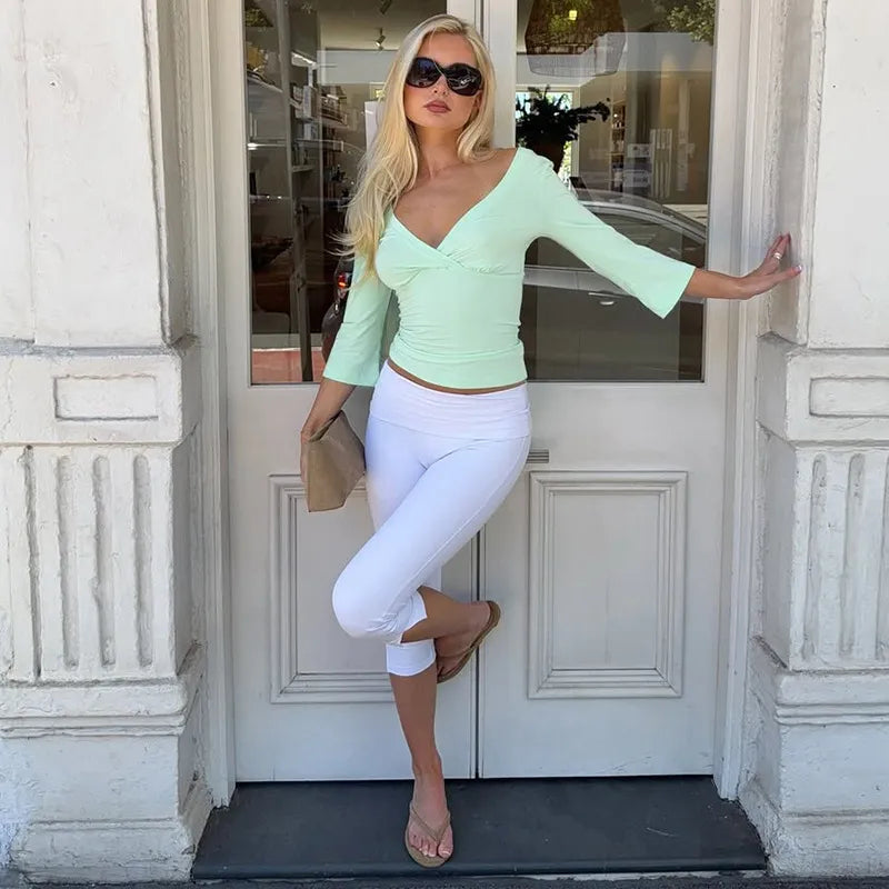 Chic Ruched V-Neck Slim Fit Top T-Shirt - Green