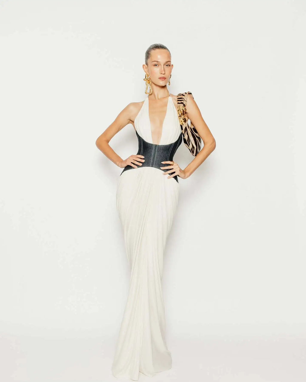 Celeste Contrast Halter Maxi Dress - White & Denim Elegance