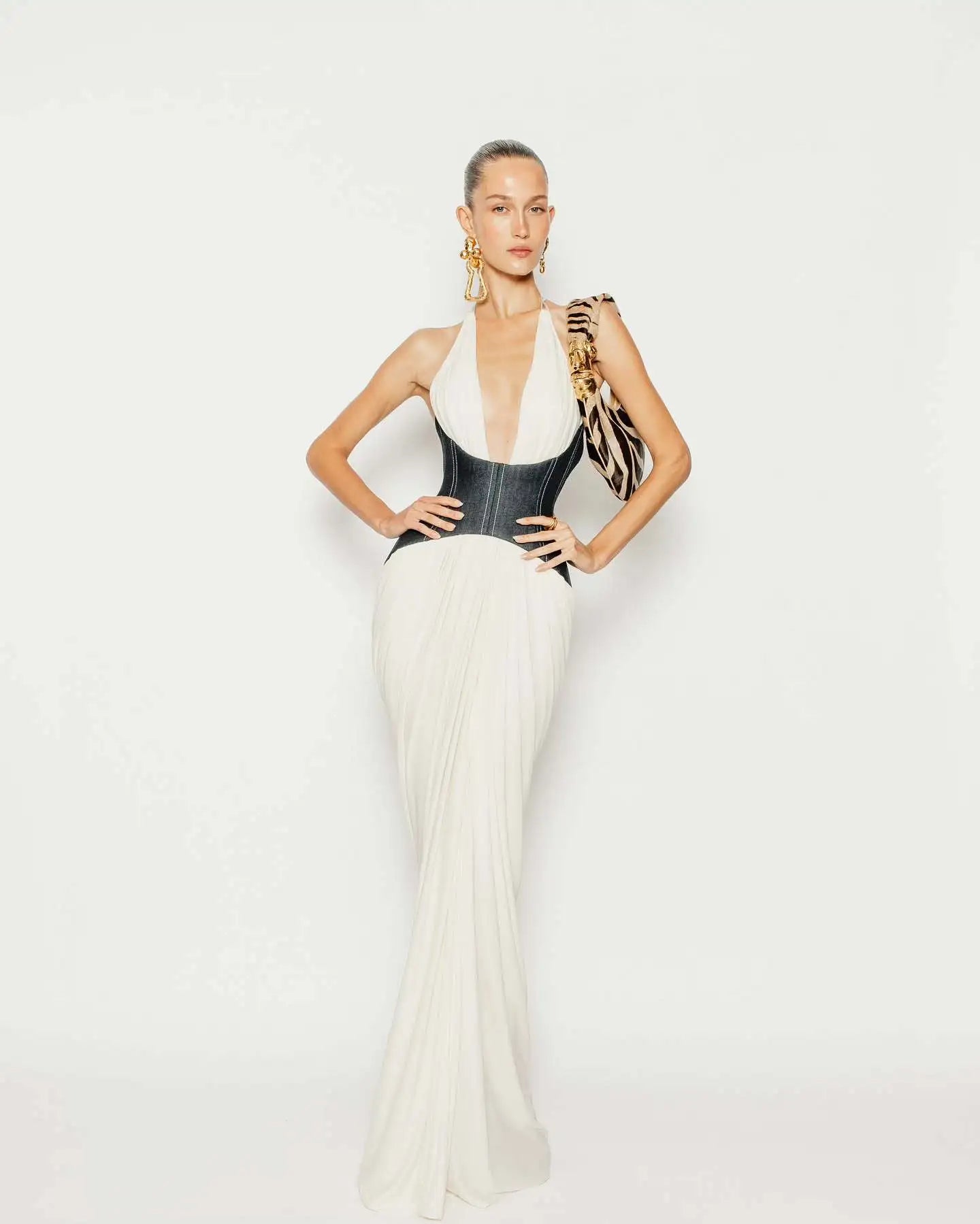 Celeste Contrast Halter Maxi Dress - White & Denim Elegance