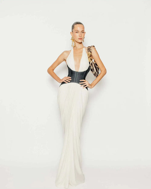 Celeste Contrast Halter Maxi Dress - White & Denim Elegance