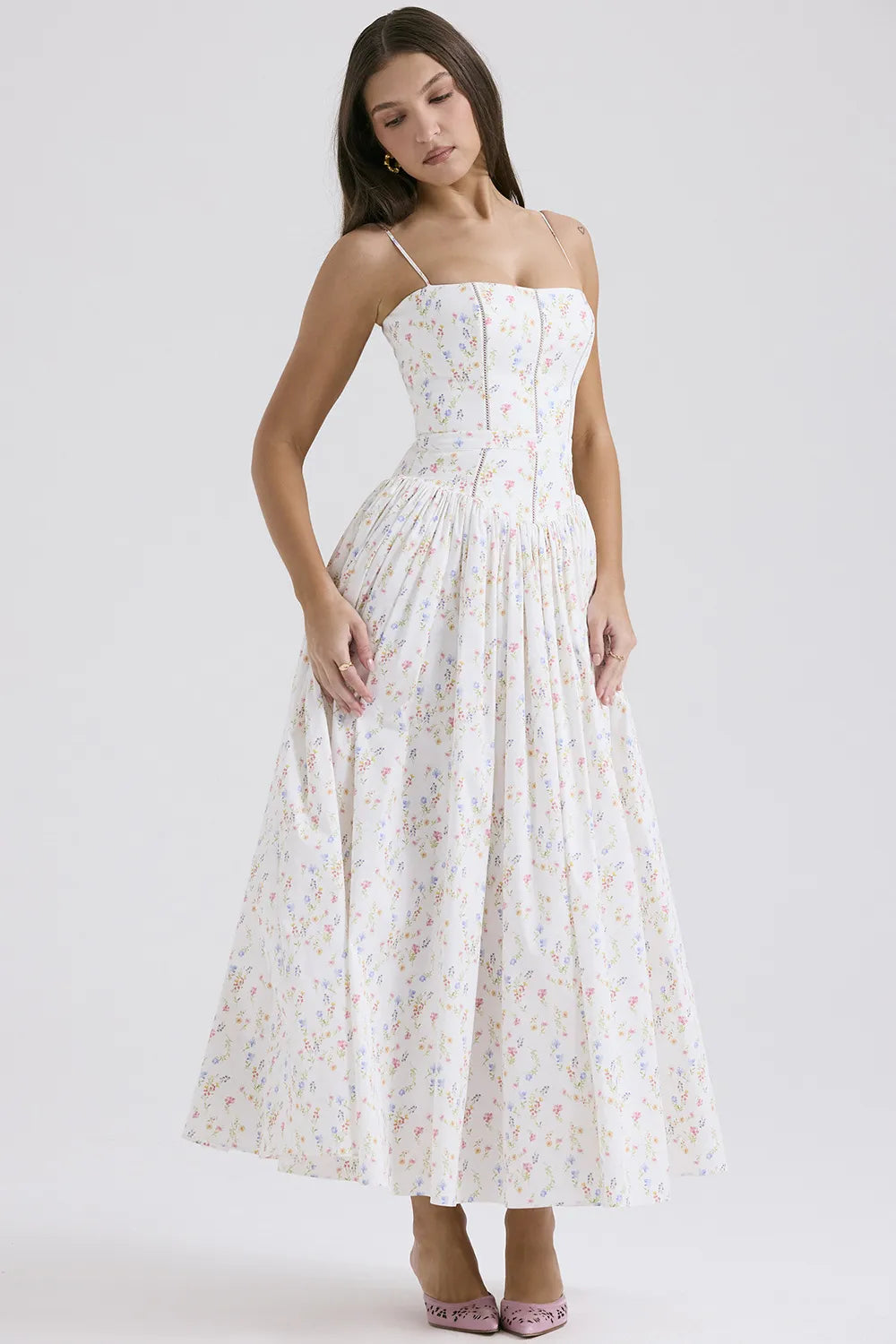 Celeste Corset Midi Dress - White Print