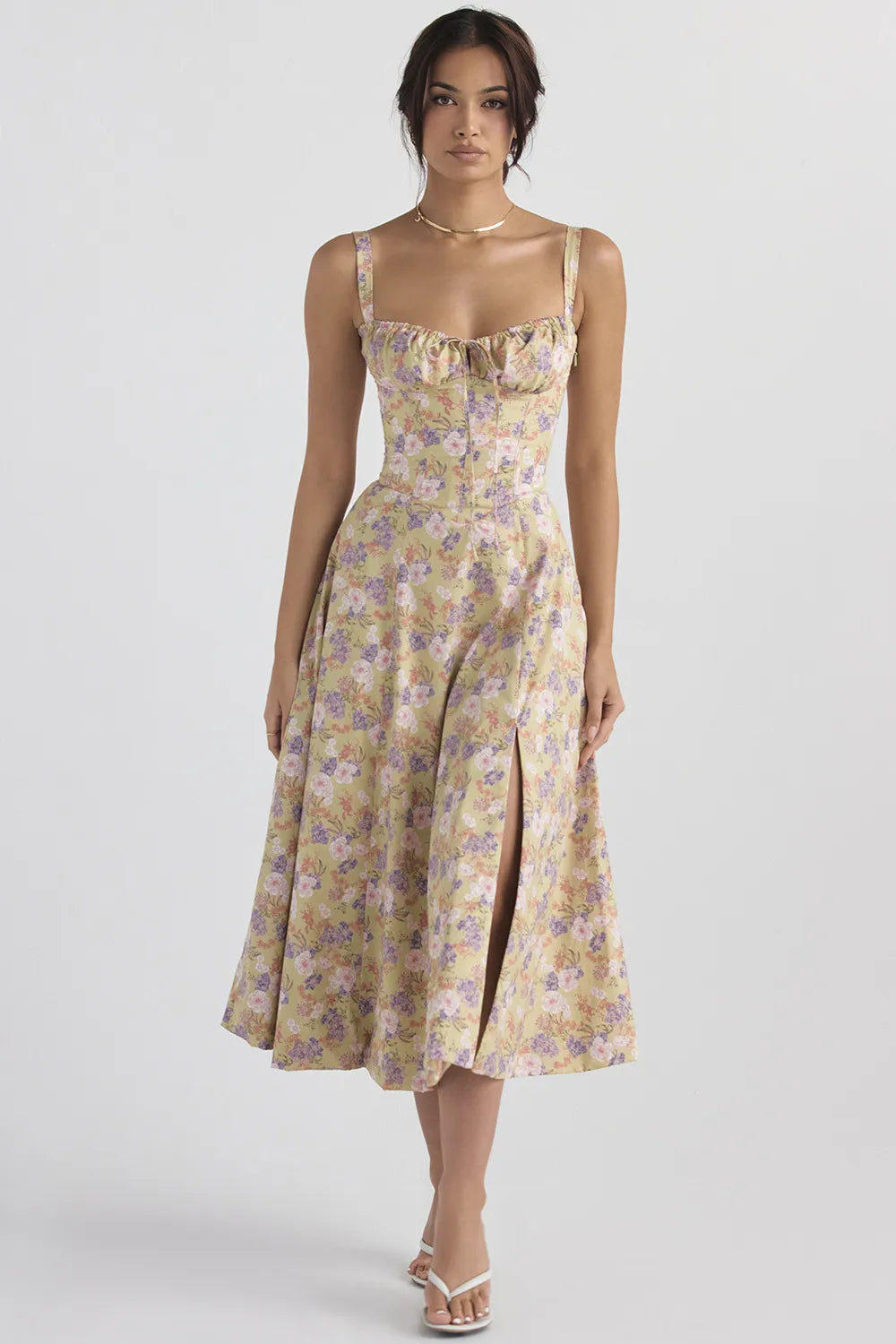 Everly Sweetheart Corset Midi Dress - Purple and white flowers on yellow background