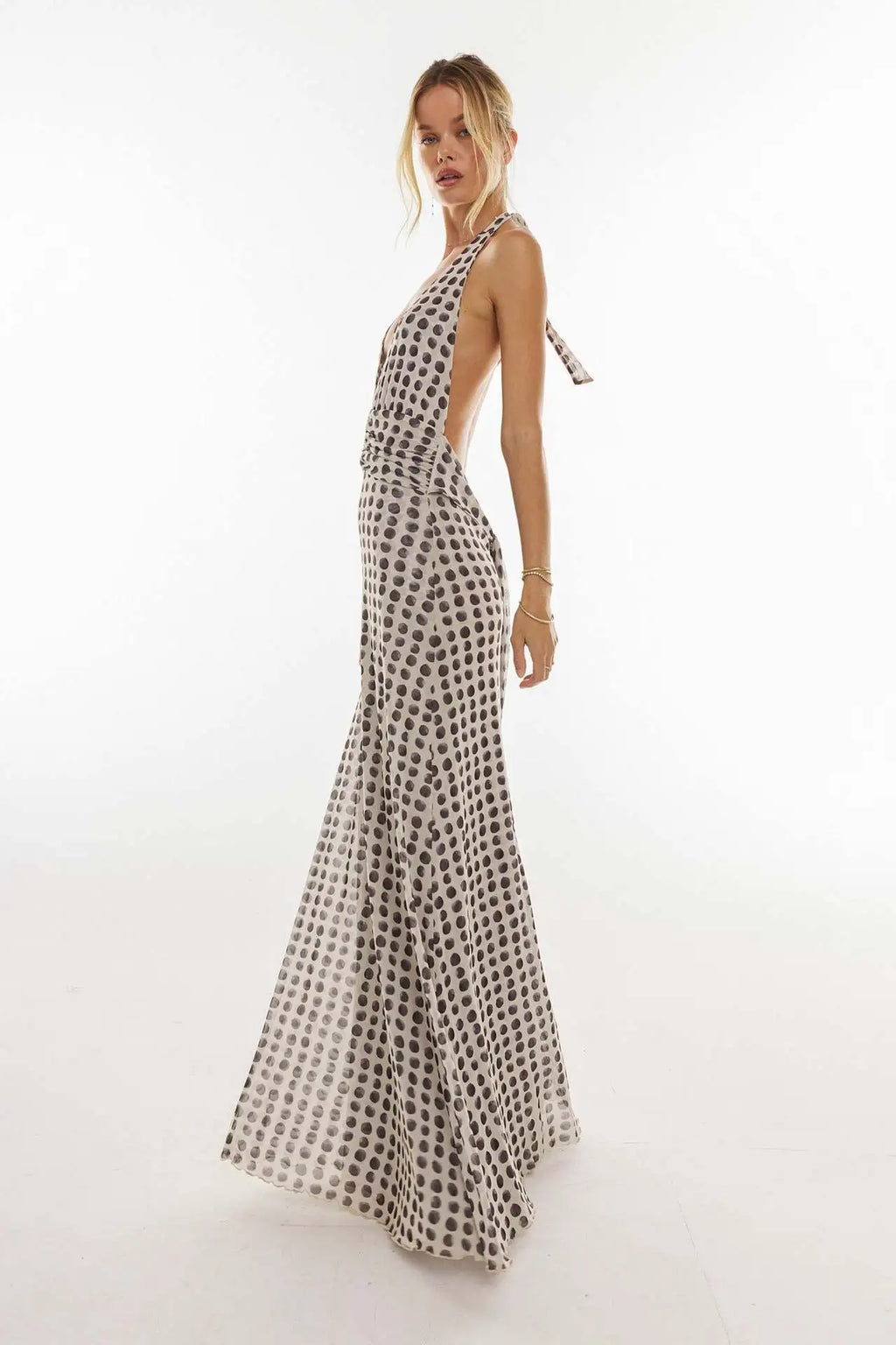 Monroe Polka Dot Plunge Halter Maxi Dress