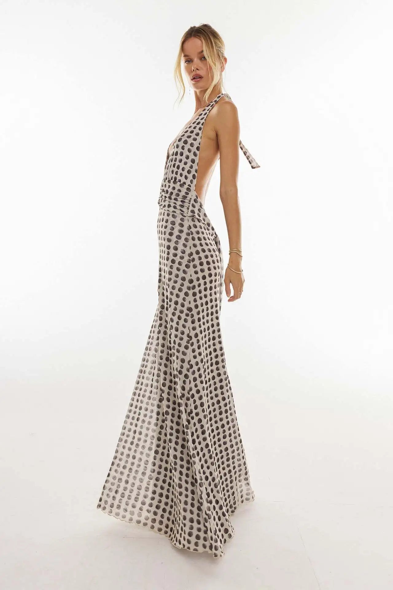 Monroe Polka Dot Plunge Halter Maxi Dress
