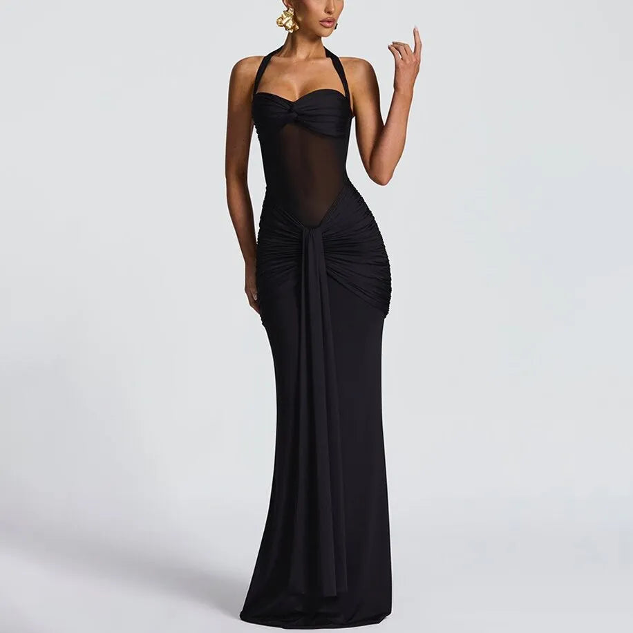 Golden Glow Ruched Maxi Dress - Black
