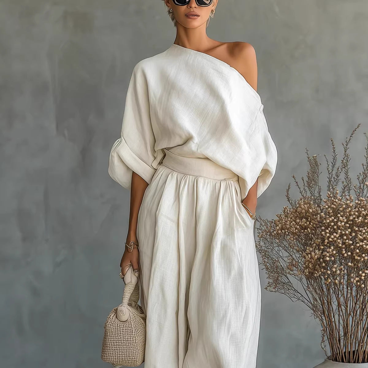 Luna One-Shoulder Linen Blend Lounge Set